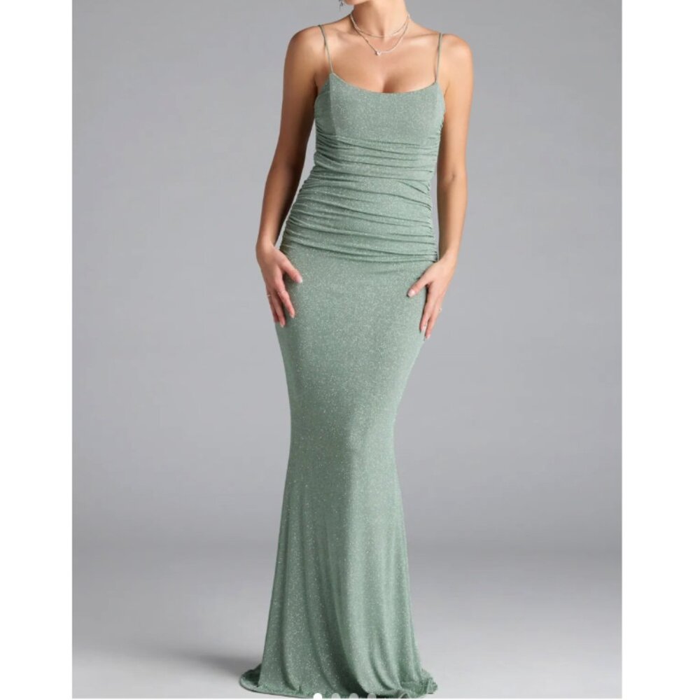 Windsor XS NWT Sage Green Ruched Lace-Up Back Maxi Dress